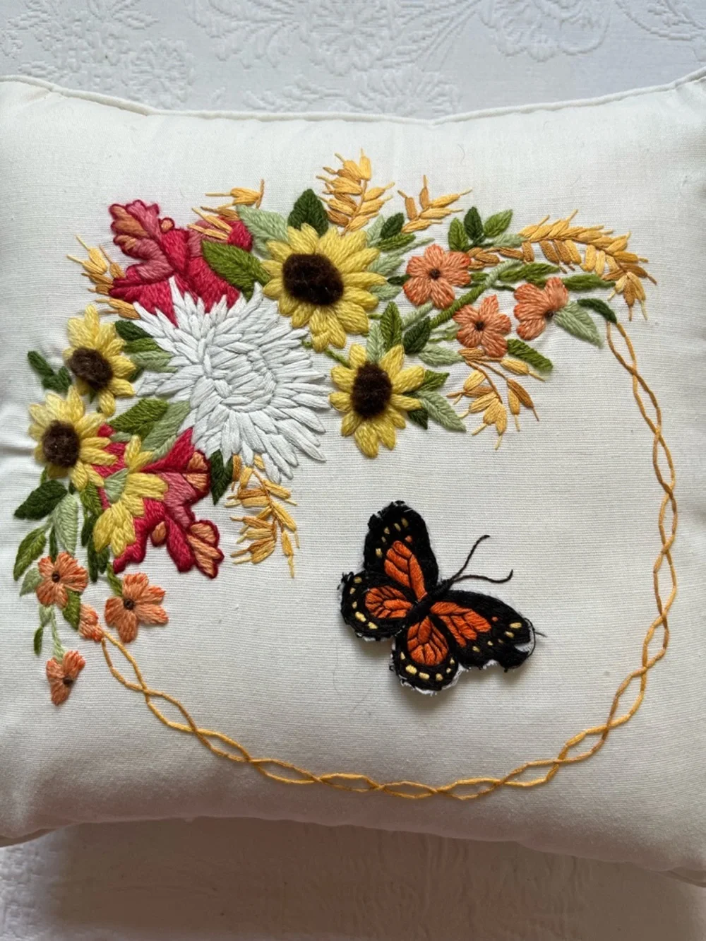 Vintage Embroidered Floral Butterfly Applique Decorative Pillow